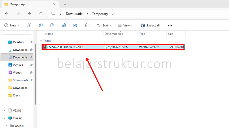 Buka file RAR CSI SAP2000 Ultimate 22.0.0 yang telah diunduh untuk memulai proses ekstraksi.
