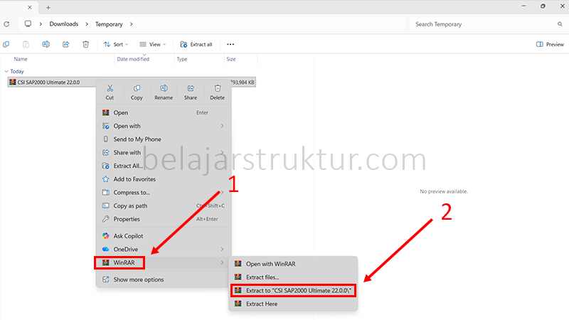 Klik kanan pada file RAR dan pilih opsi Extract to Folder untuk mengekstrak seluruh isi arsip.