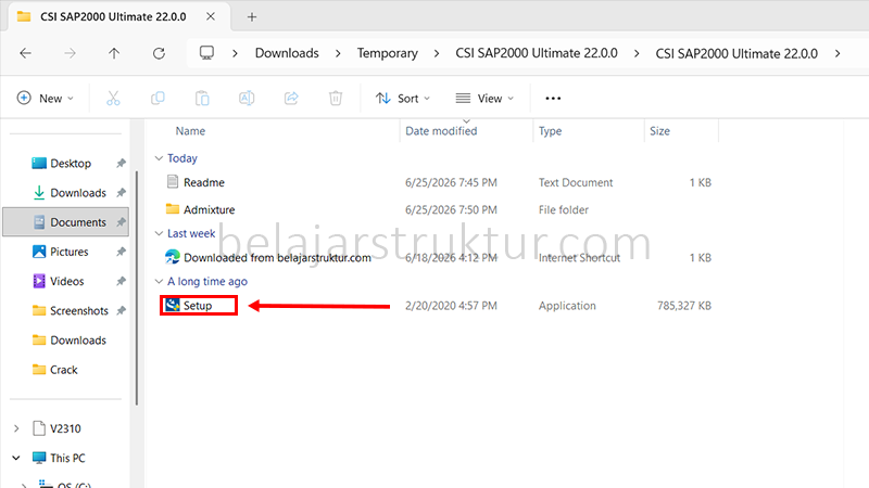 Buka file Setup.exe dari folder hasil ekstraksi untuk memulai instalasi SAP2000 Ultimate 22.0.0.