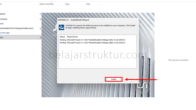 Klik Install pada dialog yang muncul untuk menginstal Microsoft Visual C++ sebagai prasyarat instalasi.