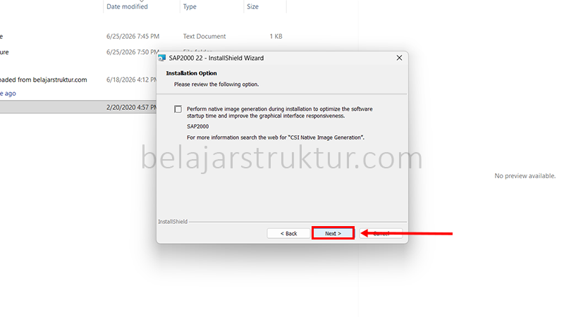 Uncheck box 'perform image generation ...' pada dialog Native Image Generation dan klik Next.