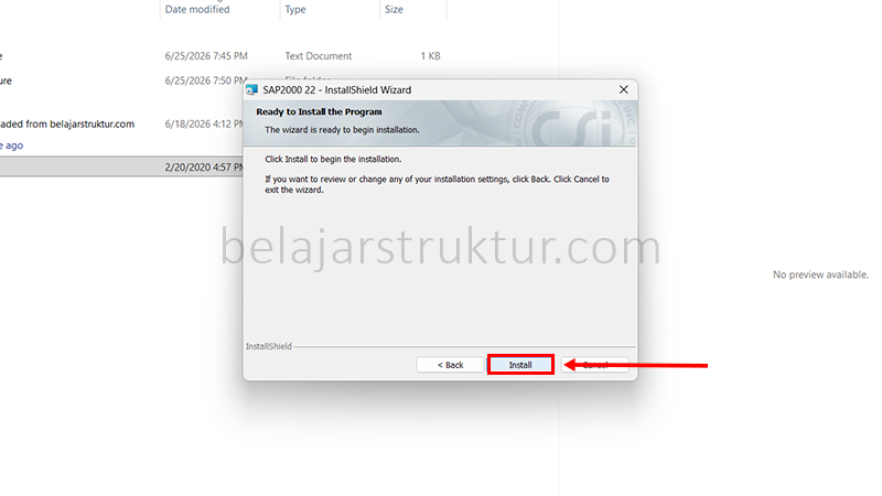 Klik Install untuk memulai proses instalasi SAP2000 Ultimate 22.0.0 ke sistem.