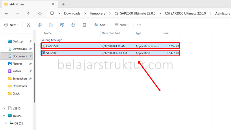 Salin kedua file yang ada dalam folder Admixture untuk dipindahkan ke folder instalasi SAP2000.