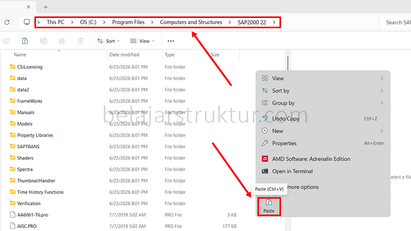 Tempelkan kedua file hasil salinan ke dalam direktori C:\Program Files\Computers and Structures\SAP2000 22.