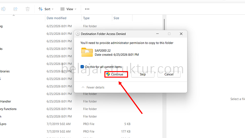 Centang box 'do this for all current items' dan klik Continue jika muncul dialog konfirmasi tambahan.