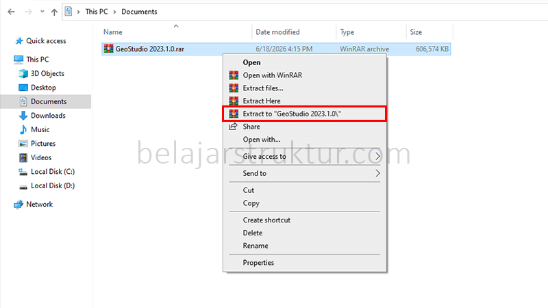 Klik kanan pada file RAR instalasi GeoStudio 2023.1.0 dan pilih opsi Extract to Folder untuk memulai ekstraksi.