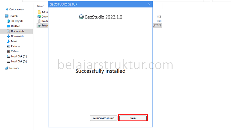 Tampilan Finish setelah instalasi GeoStudio 2023.1.0 selesai, klik Finish untuk menutup wizard.