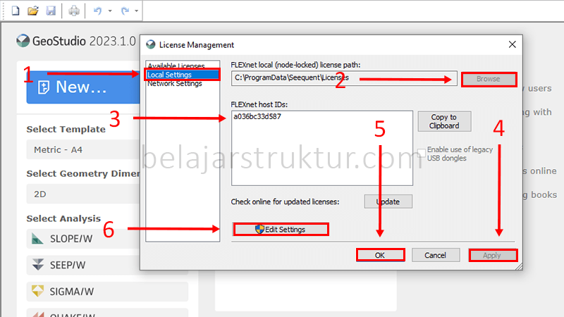Pengaturan lisensi pada window License Management GeoStudio dengan memilih FlexNet license dan mengarahkan ke direktori lisensi.